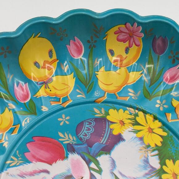 Vtg Blue Easter Bunny Bowl Rabbit Scalloped Plastic Molded Candy Tray Chicks - Picture 4 of 8